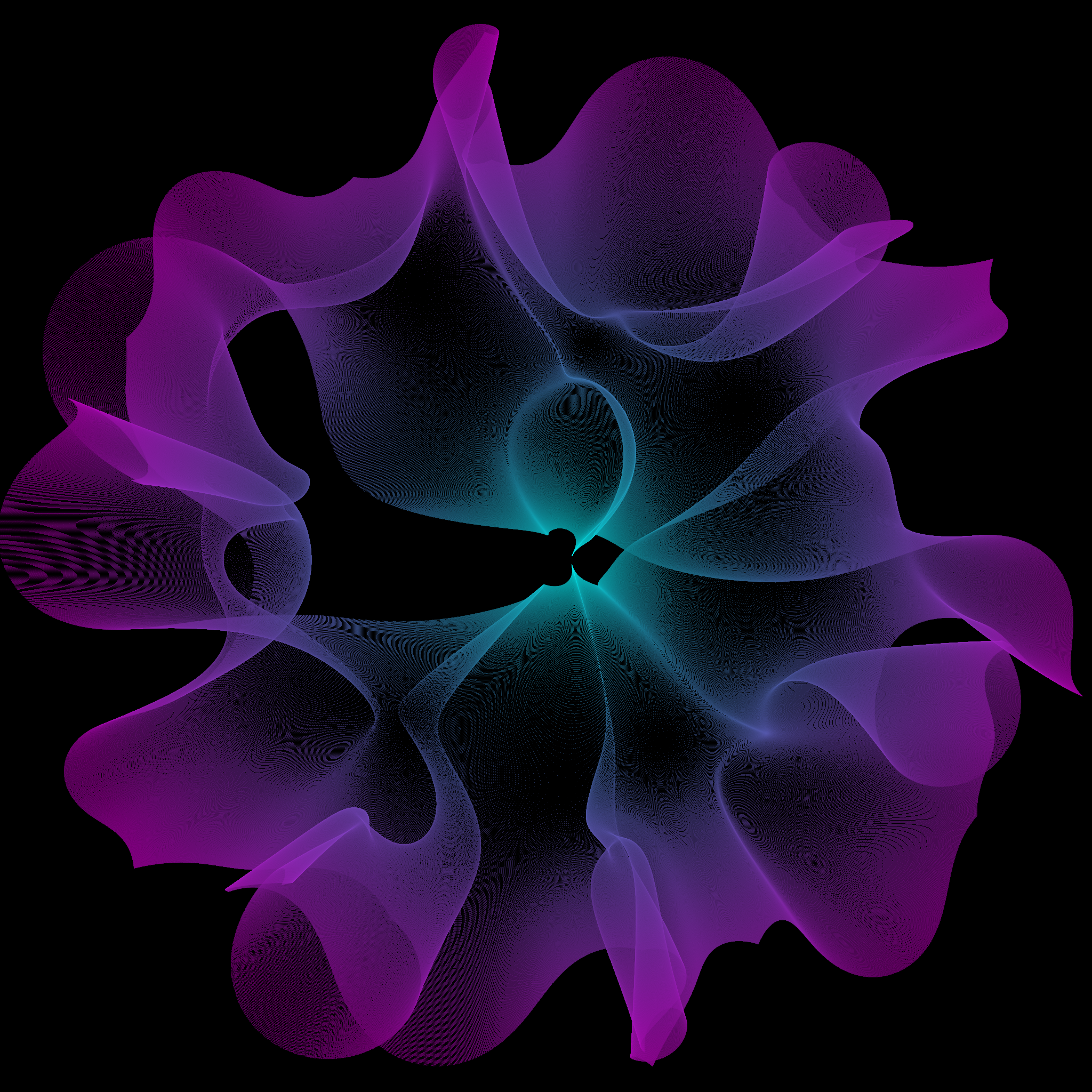 Generated visual: flowing magenta and violet petals unfurling around a glowing cyan core