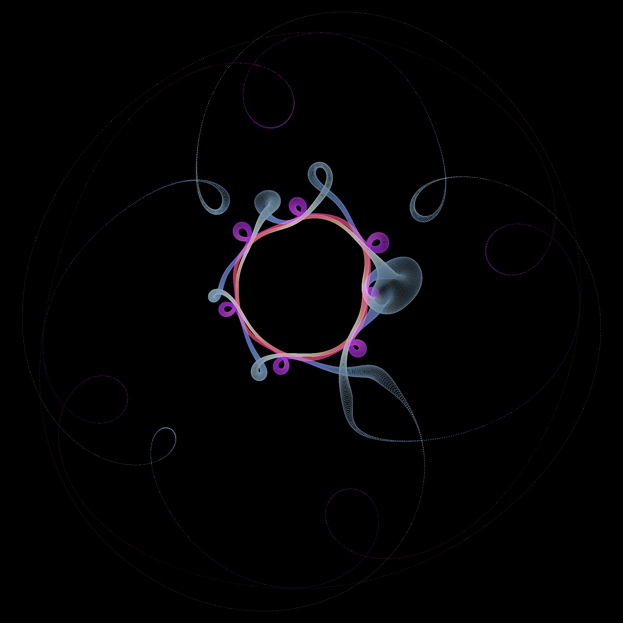 Generated visual: sparse dark spiral with delicate glowing curls and a magenta ring