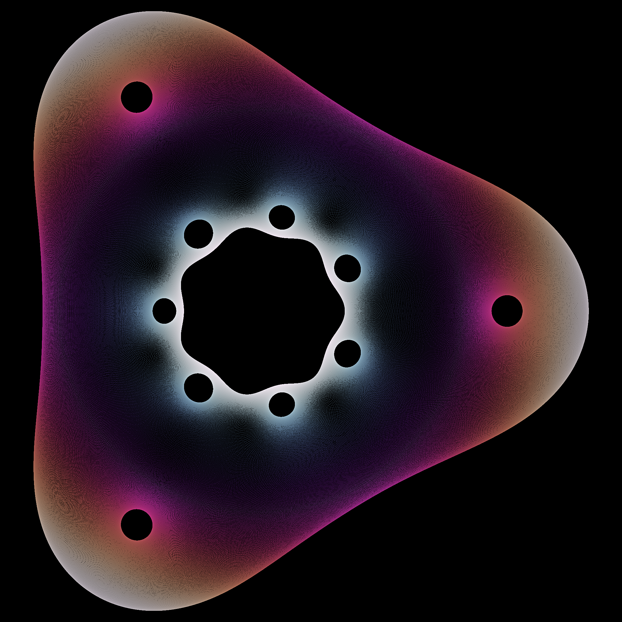 Generated visual: rounded triangular form with a glowing eight-point ring at its center on black